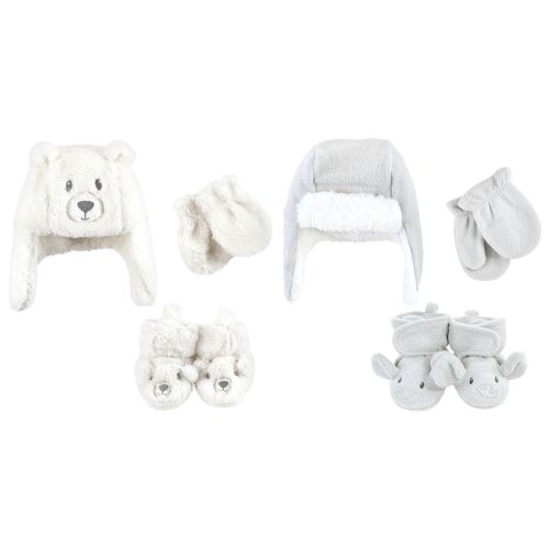 Hudson Baby 6Pc Trapper Hat, Mitten and Bootie Set, Cream Bear Gray Elephant
