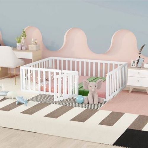 Bellemave Full Size Floor Bed Frame with Fence & Door, Solid Pine Wood Montessori Bed for Kids, Low Profile Platform Bed, White