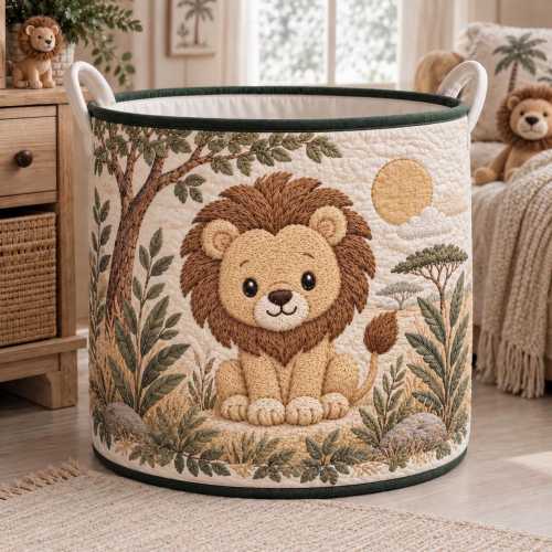 Cute Safari Lion Quilted Laundry Basket, Jungle Animals Nursery Storage Hamper, Lion King Baby Room Clothes Organizer, Baby Shower Gift