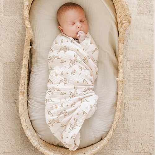 Konssy Muslin Swaddle Blankets for Boys Girls, 2 Pack Receiving Baby Blanket Large 47 x 47 inches, Soft Breathable Swaddling Wrap for Unisex Newborn (Pink, Floral)