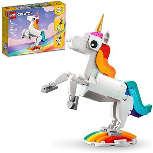 LEGO Creator 3 in 1 Magical Unicorn Toy, Transforms to Seahorse to Peacock, Rainbow Animal Figures, Unicorn Gift for Grandchildren, Girls and Boys, Buildable Toys, 31140
