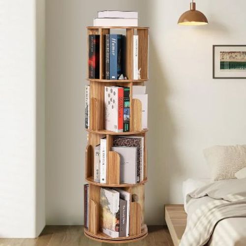 4 Tier Rotating Bookshelf,360°Compact Wood Spinning Bookcase for Small Spaces, Corner Storage Organizer for Living Room, Bedroom & Kids' Rooms