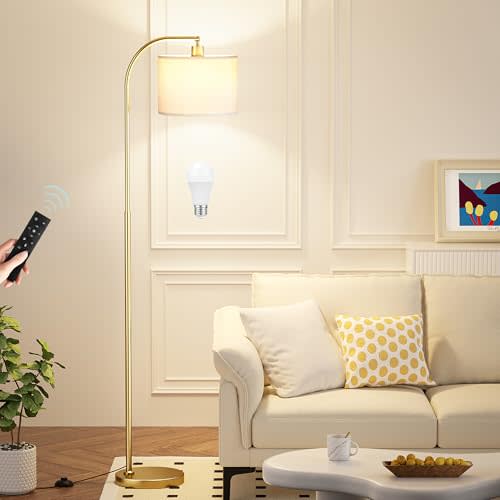 Ambimall Arc Floor Lamp with Remote and Stepless Dimmable Bulb, Colors Temperature & Brightness Adjustable, Floor Lamps for Living Room（White Shade & Gold Pole）
