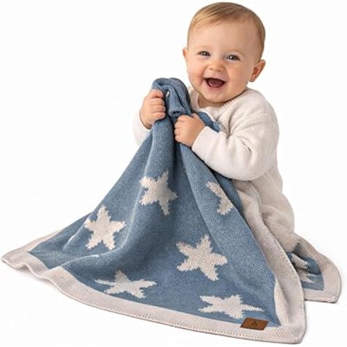 Baby Blanket 30x40 – Soft, Reversible Acrylic Knit Blanket with Bow – Oeko-TEX Certified – Stars - Smoke Blue/Beige