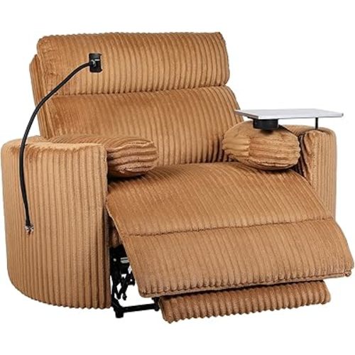 Power Recliner Chair Electric – Extra-Wide Oversized Lazy Boy Style for Living Room, Manual Headrest, Soft Fabric, Single Motor One-Touch, USB/Type-C, Phone Holder, Padded Arms, Support Tray, Brown