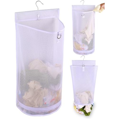 Hanging Collapsible Mesh Laundry Hamper - Breathable Fast Drying Laundry Bag, Space Saving Laundry Basket for Dorm, RV & Bathroom (White)