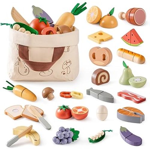 ROBOTIME Wooden Play Food 4-in-1 Cutting Set, Pretend Play Toy Food for Play Kitchen with Shopping Bag – Kids Kitchen Accessories, Wooden Play Food for Boys & Girls