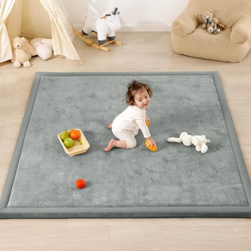 1.3" Thick Baby Play Mat for Floor, 79x79 Large Foam Tummy Time Mat, Padded Support Soft Plush Nursery Rug for Infant Kids Toddler Crawling Kick Activity (Light Grey)