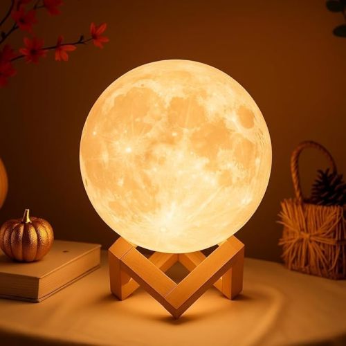 Mydethun Moon Lamp - 3D Printed LED Night Light 4.7' with Wooden Base, White Elephant Gift for Women, Mom, Kids, Christmas Thanksgiving Table Decor Touch-Dimmable & Dual-Color, White & Yellow