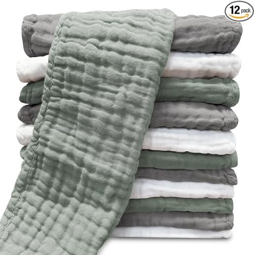 Sunny zzzZZ Muslin Burp Cloths for Baby 100% Cotton Burping Cloths for Unisex, Boy, Girl - Large 20'' by 10'' Newborn Essentials Ultra Soft Absorbent Milk Spit Up Rags - 12 Pack - White+Green+Grey