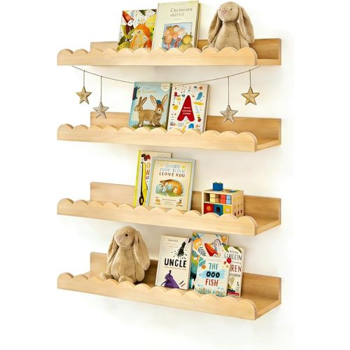 Floating Scalloped Shelves for Nursery - Nursery Bookshelf for Wall Set of 4, Floating Wall Book Shelves for Bedroom Kids, 16 Inch, Natural