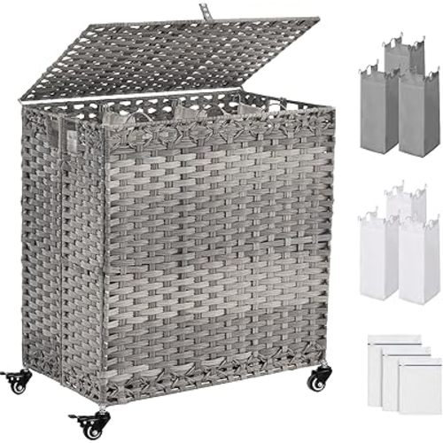 Laundry Hamper with Wheels&Lid, 50.2 Gallons(190L) Rolling Laundry Basket with Wheels, 3-Section Laundry Hamper, Handwoven Rattan Clothes Hamper with 6 Removable Liner& 3 Mesh Laundry Bags, Grey