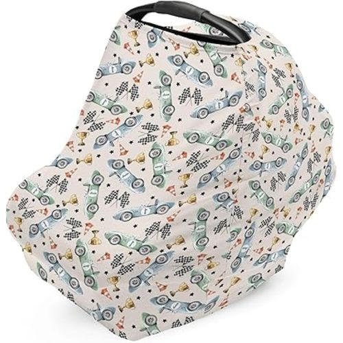 Baby Car Seat Cover Boys Girls Shower Gift, Multi-use 5-in-1 Carseat Canopy Stretchy Privacy Breastfeeding Stroller Covers, Newborn Nursing Essentials Retro Race Car Vintage Racing Theme