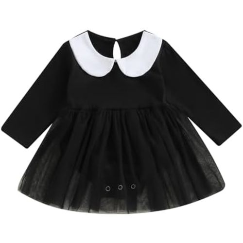 Muasaaluxi Newborn Baby Girl Halloween Outfit Long Sleeve Doll Collar Romper Tutu Dress Black Bodysuit Halloween Dress 0-24M