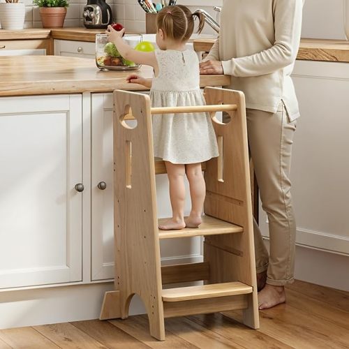 COSYLAND 3 Levels Adjustable Toddler Standing Tower - 33.5IN/85CM Stable Kids Kitchen Step Stool with Protective Crossbar - Wooden Toddler Kitchen Stool Helper(All Natural)
