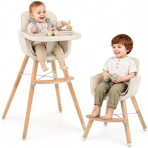HONEY JOY Baby High Chair, 6-in-1 Eat & Grow Wooden Highchair/Toddler Chair with Removable Tray, 5-Point Harness, PU Cushion and Footrest, Convertible High Chair for Babies and Toddlers(Beige)