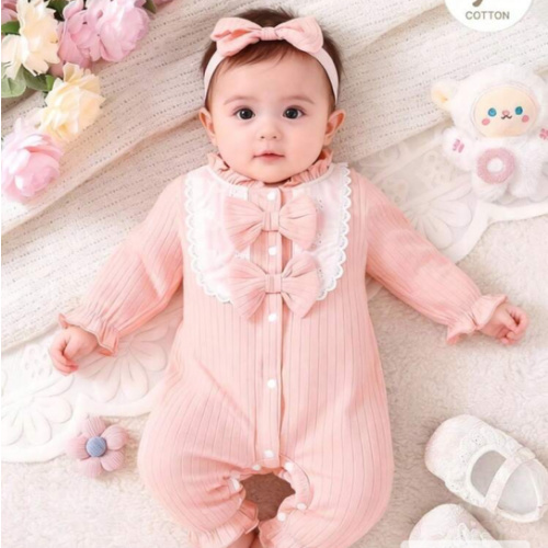 Newborn Baby Girl Knitted Pink Ribbed Cute Ruffle Collar Lace Patchwork Double Bow Snap Button Long Sleeve Jumpsuit With Headband (Suitable For 1st Birthday Gift And Daily Wear)