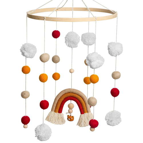 Baby Crib Mobile - Boho Rainbow Baby Wooden Crib Mobile Felt | Colorful Cotton Ball | Wool Ball | Ceiling Mobile | Baby Mobile For Bassinet | Nursery Mobiles | Mobile for Crib Decor ( Rainbow Mobile )