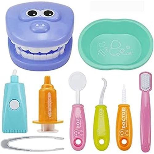 9PCS Plastic Simulation Dentist Play Set Medical Kit Pretend Toy for Kids Hygienic Habbit Cultivation Role Play Game for Children 6 Colors Simple OPP Bag Packaging (Mixed Color)
