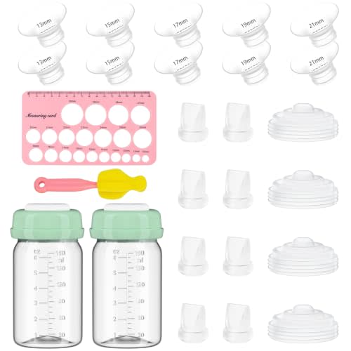 26pcs M5 Breast Pump Replacement Parts Kit for Momcozy M5 Wearable Breast Pump, Including 8 Duckbill Valves, 4 Diaphragms, 10pcs Flange Inserts, 2 6oz Storage Bottles,1 Sizing Ruler, 1 Cleaning Brush
