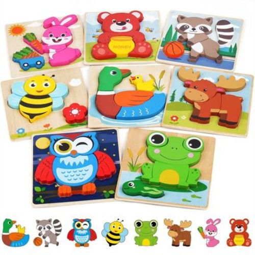 BenBen Wooden Puzzles for Kids 1- 4, 8 Pack Animal Puzzles for Toddlers