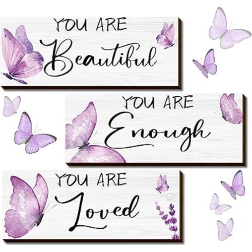 Geelin 3 Pcs Butterfly Wooden Hanging Wall Art Positive Quotes Butterfly Wall Art Prints with Butterfly for Inspirational Word Sign Decors Gift for Women Room(9.84 x 3.94 Inch,Purple)