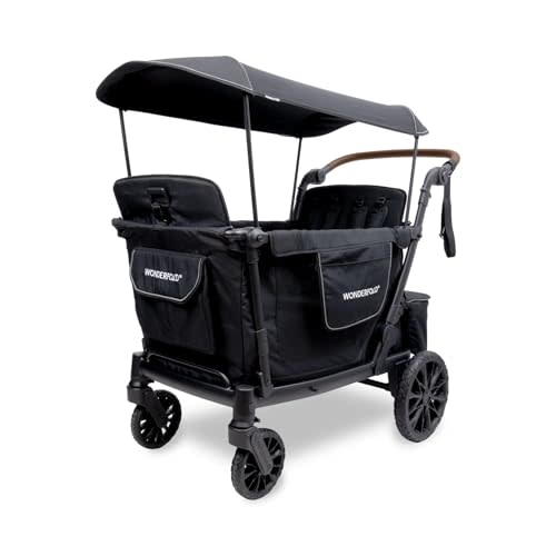 WonderFold L4 Quad Stroller Wagon (4 Seater) - Smooth Ride, Secure Harnesses, and All-Weather Canopy 4 Seat Wagon Stroller for Kids, Safety-Certified - Jet Black