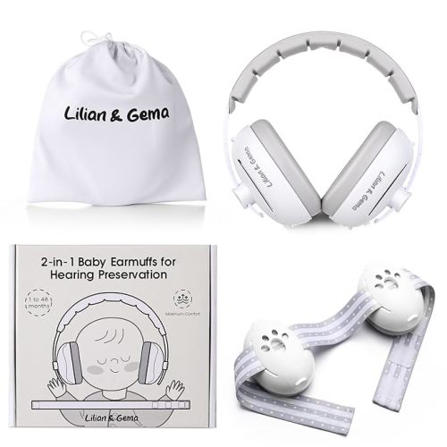 Lilian&Gema 2-in-1 Baby Ear Muffs Noise Protection up to 48 Months | Baby Airplane/Travel Essentials - Adjustable Noise Reduction Earmuffs - Ear Protection Headphones for Infant & Toddler, White