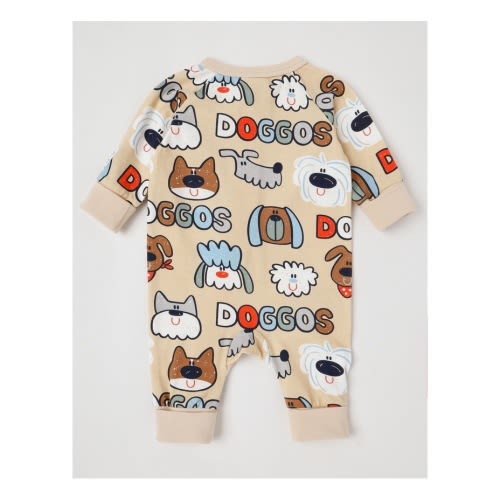Clancy Newborn Coverall with Doggo Print in Tan