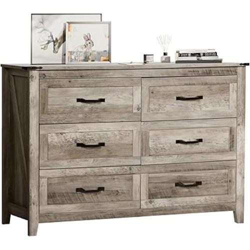 Farmhouse 6 Drawer Dresser, Rustic Chest of Drawers, Wood TV Stand with Drawers, Wooden Dresser, Wide Storage Organizer Cabinet for Bedroom Living Room. Rustic Oak