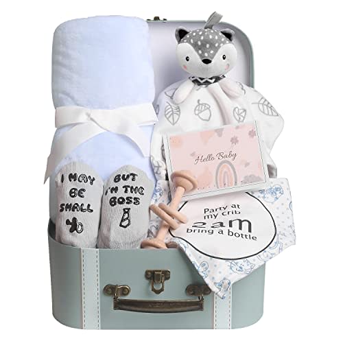 Baby Shower Gifts, Baby Boy Gifts Basket Includes Newborn Blanket Baby Lovey Security Blanket, Funny Baby Bibs Socks & Greeting Card - Baby Gift Set Newborn Shower Basket for Boys