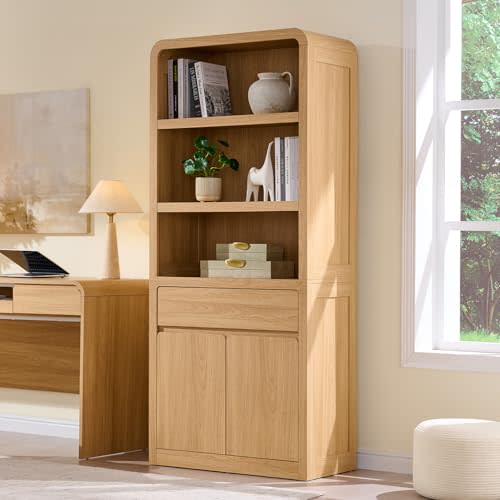 72" Tall Modern Bookshelf with Doors, 5-Tier Large Bookcase w/ Drawer, Wooden Storage Cabinet w/Adjustable Shelves, Versatile Book Shelf w/ Curved Profile Design for Living Room, Office, Natural Oak