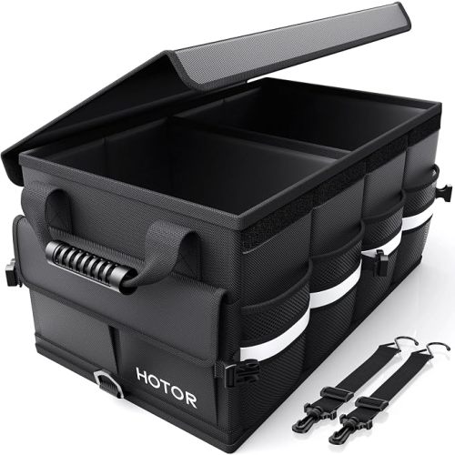 HOTOR Car Trunk Organizer - Foldable Trunk Organizer for SUV, Car Storage with Reflective Strips & Securing Cover, Large Capacity Car Accessories for Truck, Van & Sedan, Black, 24.4" x 13.8" x 11.0"