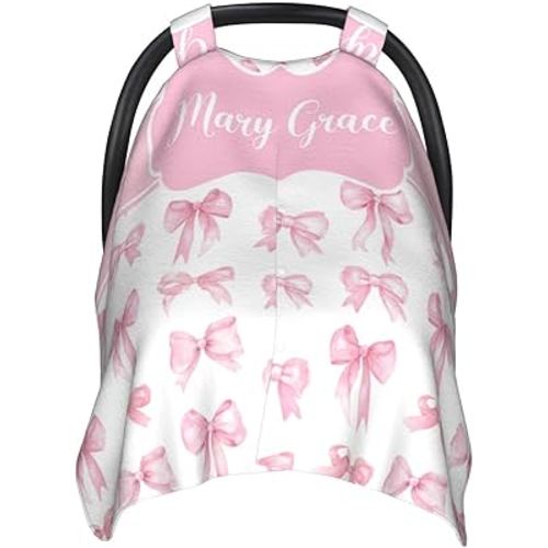 Personalized Baby Girl Car Seat Canopy for Babies, Custom Name Baby Car Seats Cover for Girls, Pink Bow Opening Minky Nursing Breastfeeding Covers for Infant, Carseat Canopies for Newborn