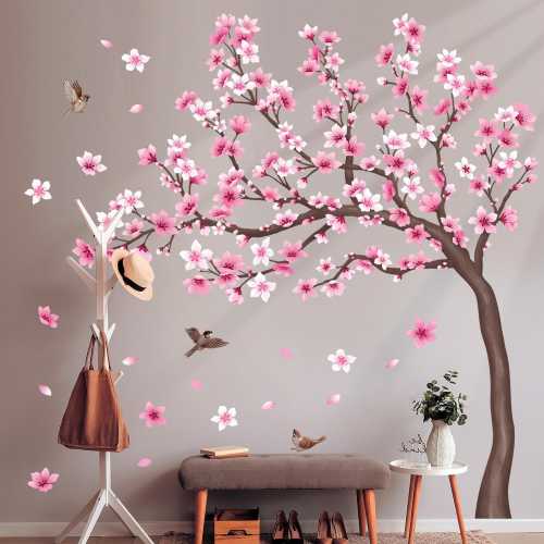 DECOWALL Cherry Blossom Tree Wall Art Prints – Pink Flower Branch Stickers for Bedroom Living Room or Reading Room Decor (SG4-2431)