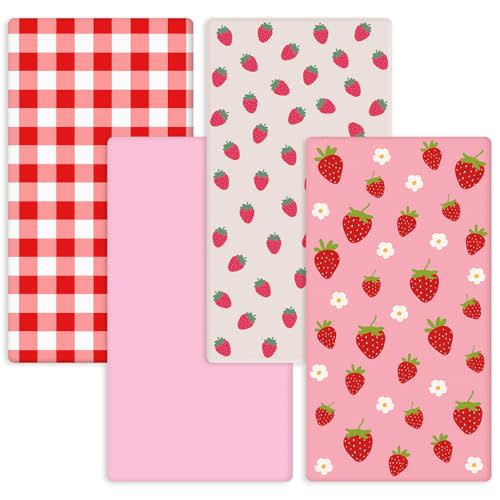 Hahafelt 4 Pack Strawberry Baby Crib Fitted Sheet for Girls 52'' x 28'' Strawberry Stretchy Neutral Fitted Crib Mattress Bed Sheet Pink Baby Bedding for Standard Mattress Gift Set