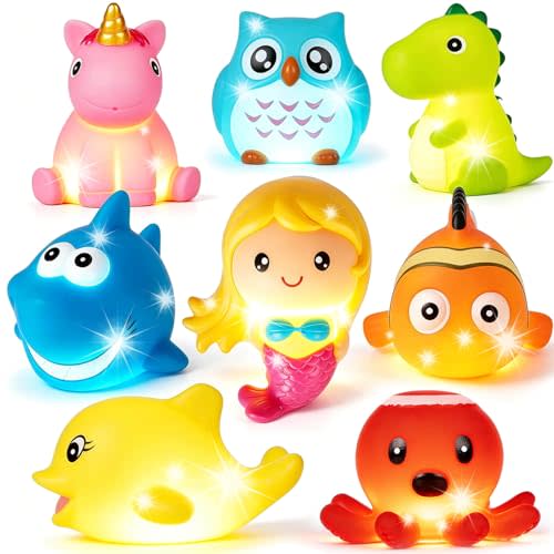 Bath Toys for Toddlers Baby 8 Pack Light Up Toys - Bathtub Toy Flashing Colourful LED Light Shower Bathtime for Kids Infants Shark, Clown Fish, Owl, Unicorn, Octopus, Dolphin, Dinosaur Mermaid