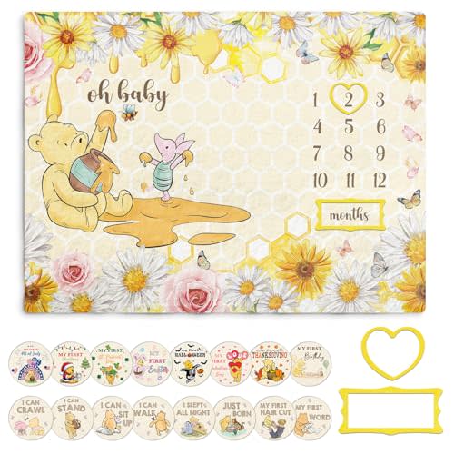 Winnie Baby Milestone Blanket, Honey Themed Baby 12 Months Milestone Blanket, Winnie Photo Calendar Monthly Growth Chart, with 8PCS Double-sided Printed Cardstock, Christmas Decoration Photo Gift