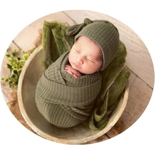 Newborn Photography Wrap Boy Girl Baby Photo Wraps Outfits Stretch Crochet Blanket Props (Green)