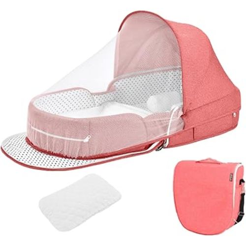 Baby Travel Bassinet，2in1 Portable Baby Bassinet for Newborn, Mommy Bag Diaper Bag with Mosquito Net and Toy Baby Lounger (Pink, with Sunshade Diaper Pad Cooler)