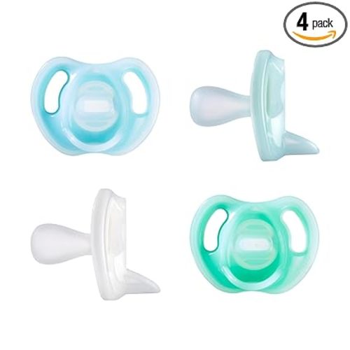 Tommee Tippee Ultra-Light Silicone Pacifier, 0-6 Months, Symmetrical One-Piece Design, BPA-Free Silicone Binkies, Blue/Green/Clear, Pack of 4