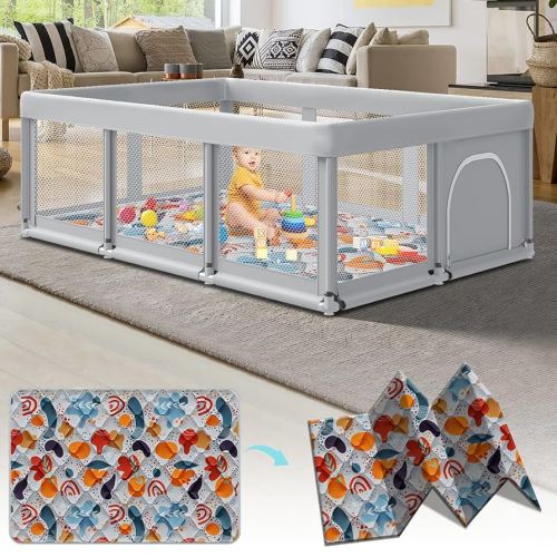 74" ×50" Large Baby Playpen, Baby Playard for Babies and Toddlers, Play Pens for Indoor & Outdoor, Sturdy Safety Play Yard with Soft Breathable Mesh, Anti-Fall, Grey (with MAT)