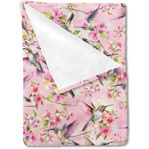 Pink Hummingbird Spring Floral Baby Blanket for Boy Girl Hummingbird Flowers Swaddle Blankets Colorful Birds Soft Flannel Receiving Blanket Newborn Toddler Nursery Crib Bed Blanket Playmat 30x40