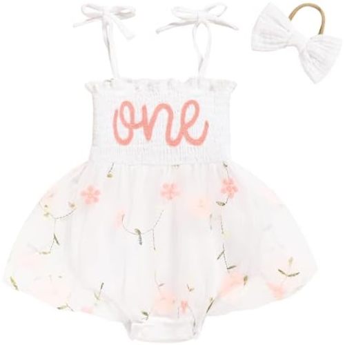 TITKKOP Baby Girl 1st Birthday Clothes One Year Old Tulle Romper Sleeveless Bodysuit Cake Smash Outfits