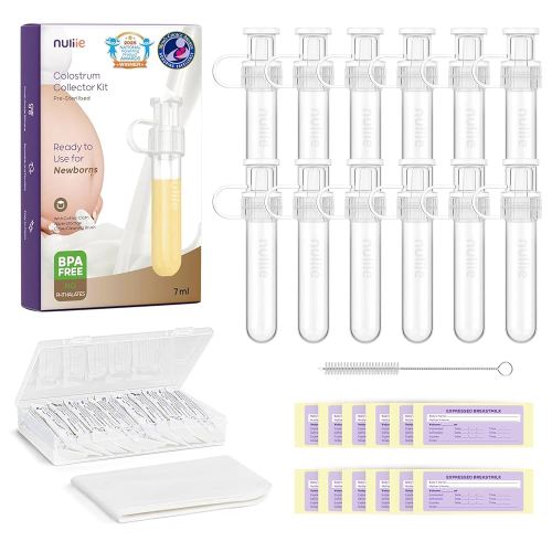 Nuliie Kit collecteur de colostrum 7 ml/12 pièces, étanche, réutilisable, résistant à la chaleur et au congélateur, sans BPA, avec lingette en coton, étui de rangement, brosse de nettoyage, prêt à