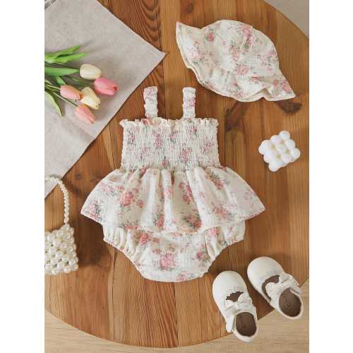 Floral Smocked Cotton Muslin Baby Romper with Hat