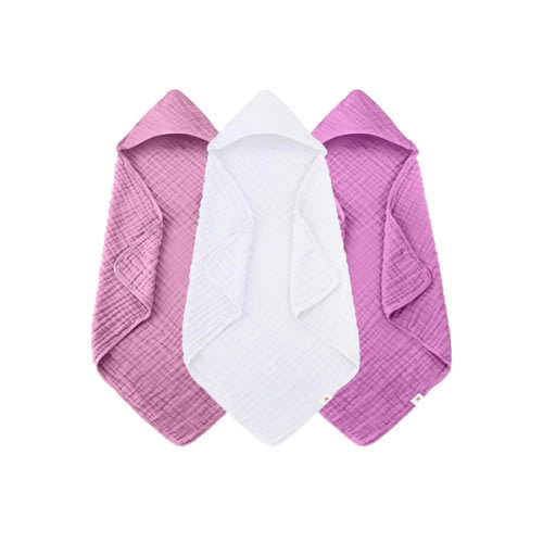 Sunny zzzZZ Muslin Hooded Baby Bath Towels - 3 Pack 100% Cotton Soft Low-Saturation Pastel Towels Including Classic White for Newborns, Infants, Toddlers - 32x32 Inch - Deep Sakura and White