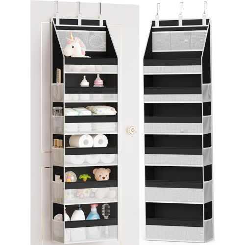 Criusia Over the Door Organizer, Heavy-Duty 6-Shelf Hanging Storage with 13 Mesh Pockets, 55lbs Capacity Behind the Door Storage for Nursery, Bathroom, Bedroom, and Dorm, Black