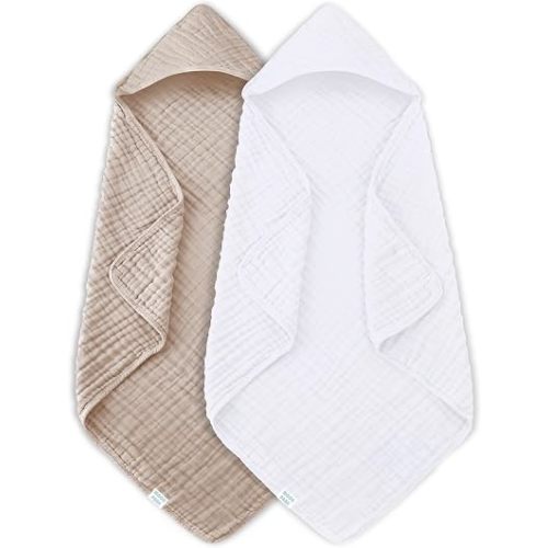 MOON PARK 2 Pack Muslin Hooded Baby Bath Towels for Newborns, Infants, Toddlers - 100% Cotton - Large 32x32Inch Size - Highly Absorbent and Essential, White and Brown