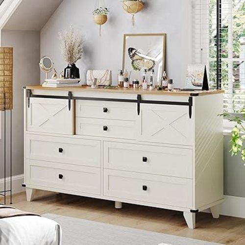 Hasuit Farmhouse 6 Drawer Dresser for Bedroom, Retro Chest of Drawers with Sliding Barn Door, Bedroom Long Storage Dressers Organizer, White